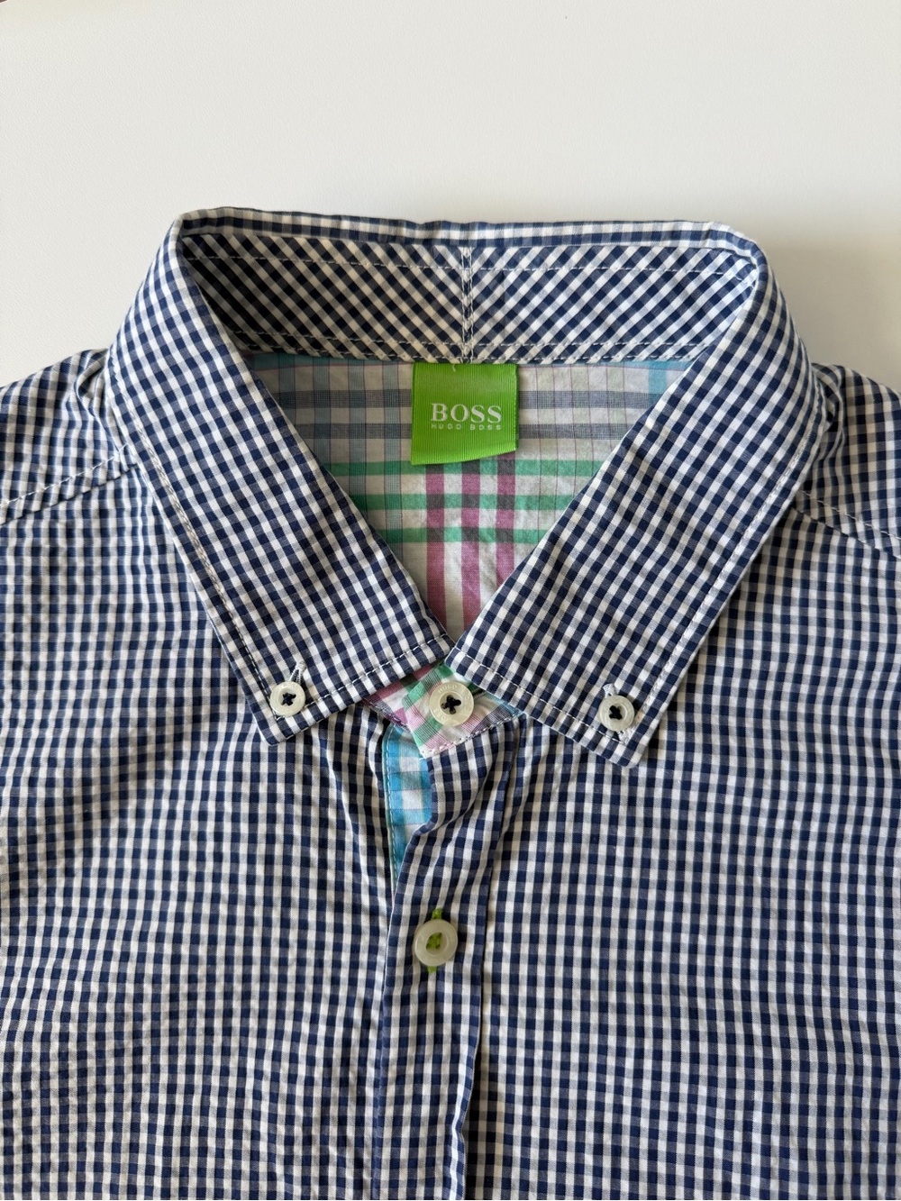 HUGO BOSS Navy White Gingham Seersucker Button Casual Dress Shirt Interior L